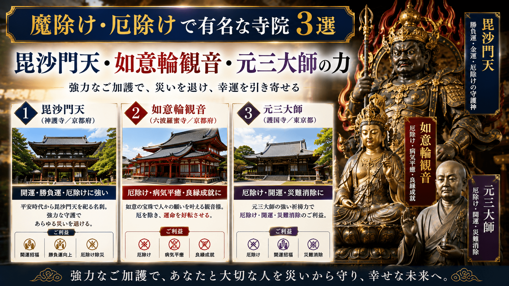 魔除け・厄除けで有名な寺院3選｜毘沙門天・如意輪観音・元三大師の力