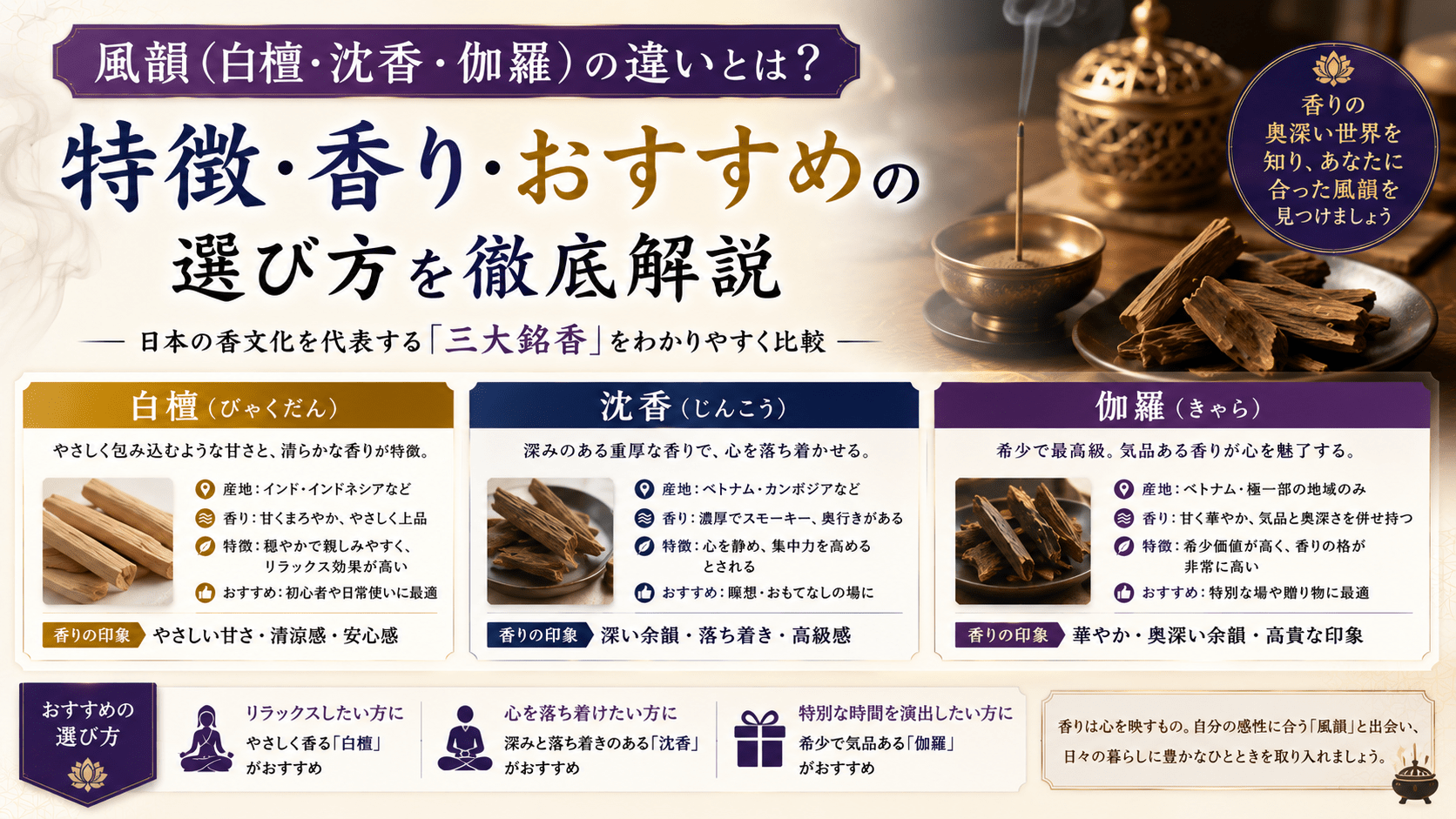 風韻（白檀・沈香・伽羅）の違いとは？特徴・香り・おすすめの選び方を徹底解説